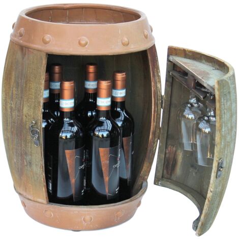 Dandibo – Casier à vin tonneau en bois 44 cm 91361 – Capacité 6 bouteilles 0,75 L – Rangement pour 2 verres – Bar design en bois brun