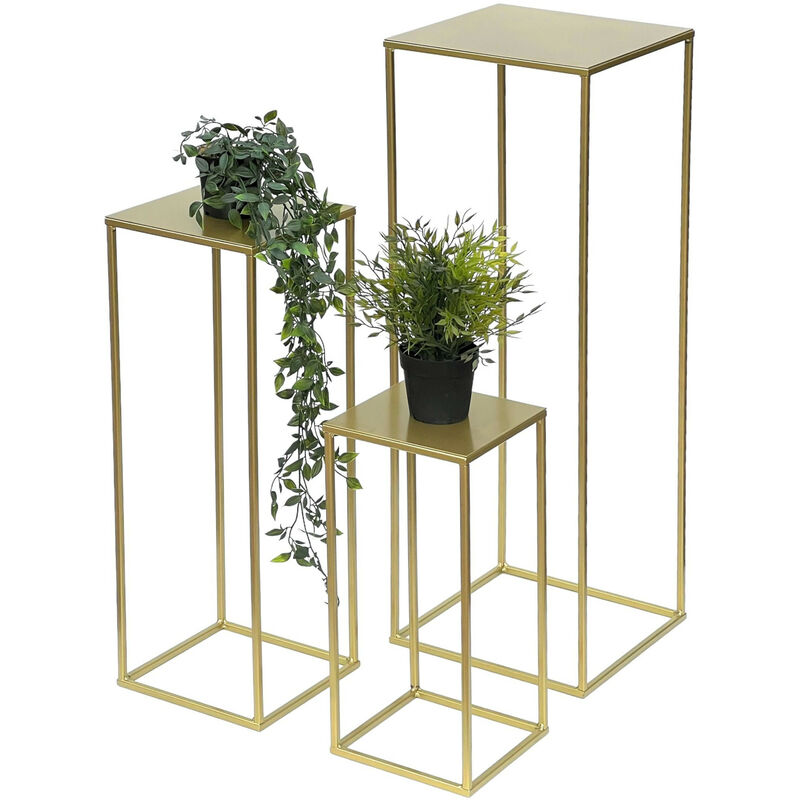 DanDiBo - Set da 3 sgabelli per fiori in metallo dorato, forma quadrata. Tavolini  da salotto 96406. Colonne di fiori moderne, supporti per piante, sgabelli  per piante.