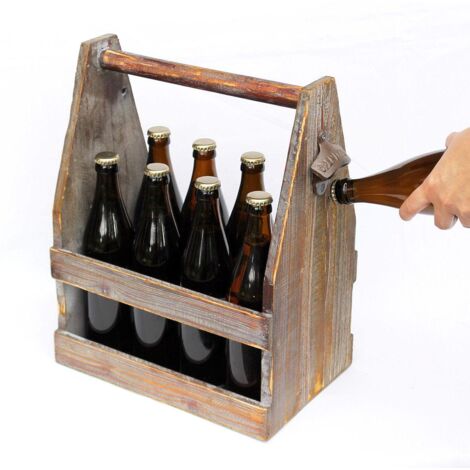 Portabottiglie di birra in legno personalizzato, confezione da 6, con apribottiglie, logo personalizzato inciso, contenitore rustico, regalo per papà/inaugurazione della casa/sposo. - Italia