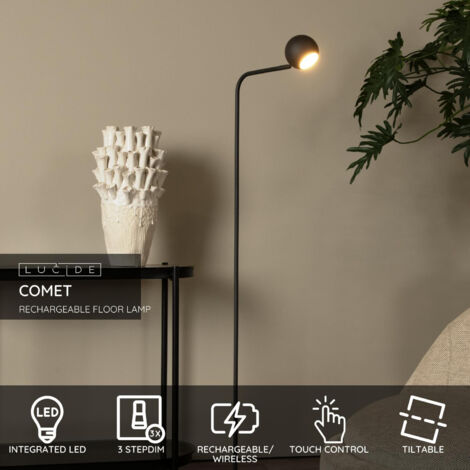 Lucide Comet Modern Rechargeable Floor lamp - Battery - LED Dim. - 1x3W 2700K - 3 StepDim - Black