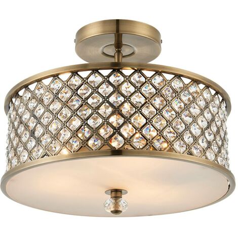 Endon Hudson - 3 Light Flush Ceiling Light Antique Brass, Crystal, E27