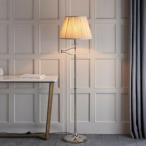 Interiors Stanford Nickel - 1 Light Swing Arm Floor Lamp Polished Nickel Plate with Beige Shade, E27