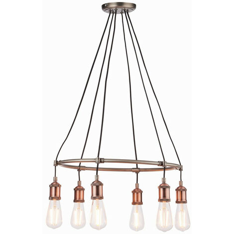 Endon Hal - 6 Light Cluster Pendant Aged Pewter, Aged Copper Plate, E27