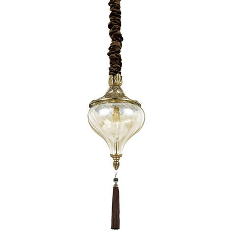 Ideal Lux Harem - 1 Light Ceiling Pendant Antique Brass, Amber, Glass, E27