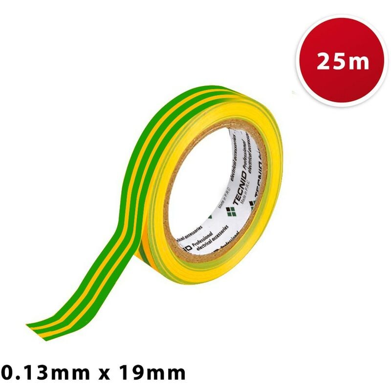 Nastro isolante in PVC, spessore 0,13mm, 19mm x 25m. Giallo e verde