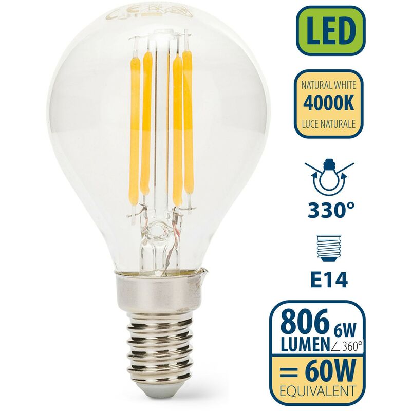 Lampadina LED a filamento, Sfera P45, 6W/806lm, base E14, 4000K