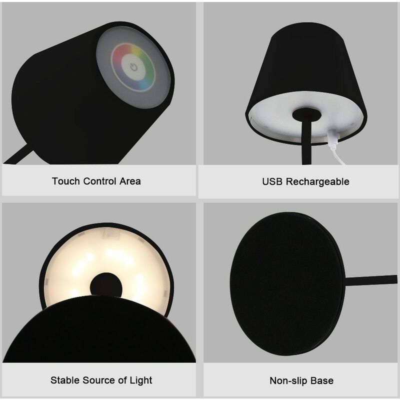 Lampada da tavolo LED Ricaricabile, Dimmer touch, bianco + RGB, IP54. Nero