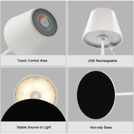 Lampada da tavolo LED Ricaricabile, Dimmer touch, bianco + RGB, IP54. Bianco