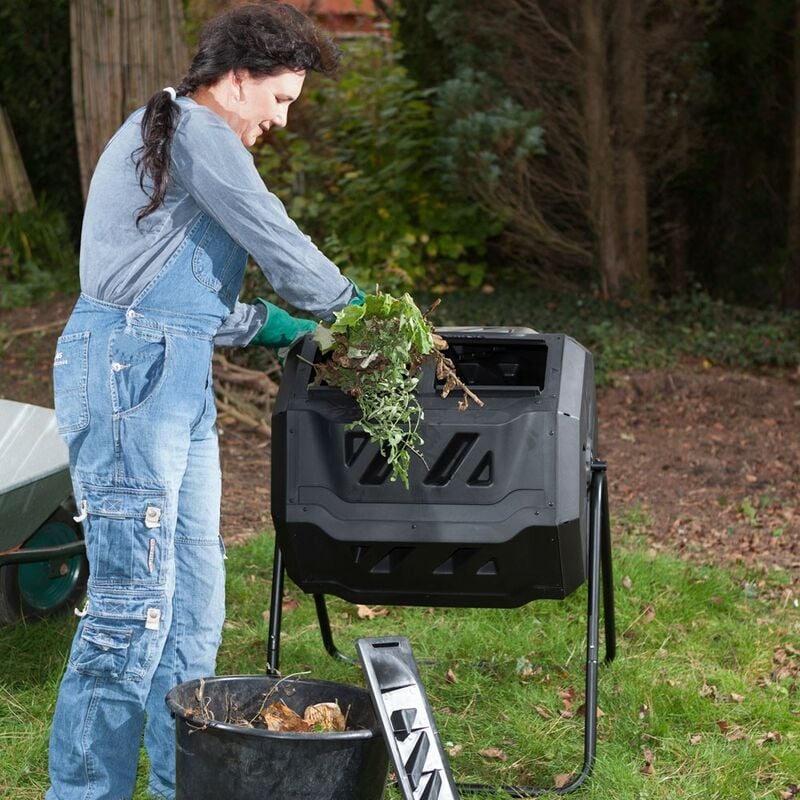 Composteur de jardin - bac à compost pour déchets - rotatif 360° - double  chambre 130 L - acier PP vert noir