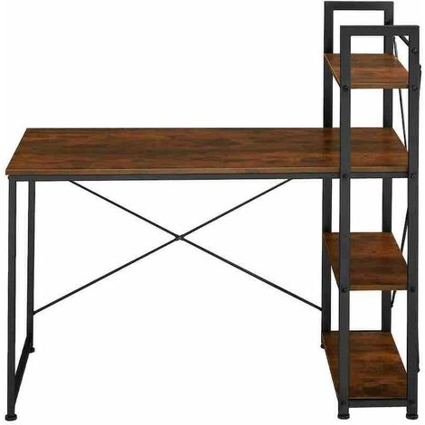 Table de bureau 3 étagères style industriel et loft en bois foncé 122 cm (1/5)