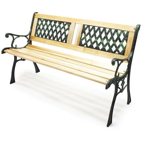 Banc de jardin en bois et fonte de fer avec dossier à motif double grille (1/5)