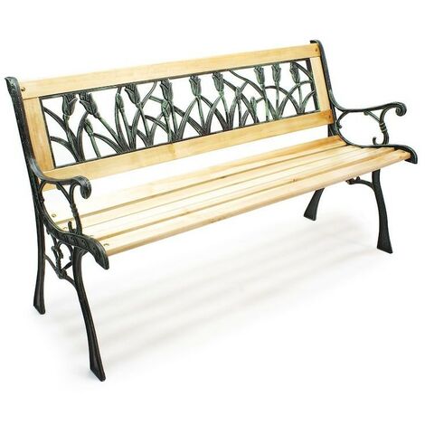 Banc de jardin en bois et fonte de fer avec dossier à motif tulipe double grille (1/5)