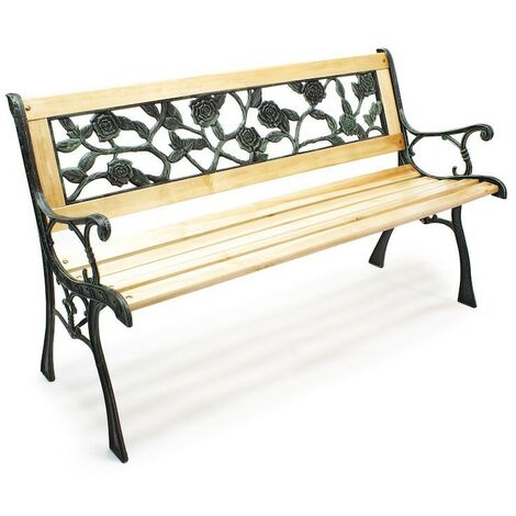 Banc de jardin en bois et fonte de fer avec dossier à motif rose double grille (1/5)