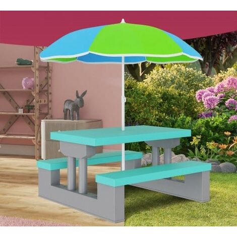 Table, bancs et parasol pour enfants Bleu et vert (1/4)