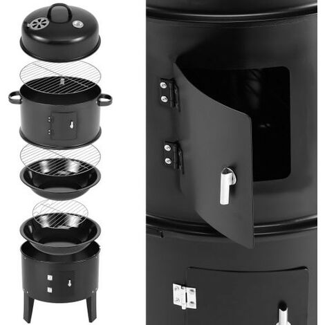 Barbecue Fumoir 3 En 1 Au Charbon De Bois - Diamètre 40 Cm, 3 étages - Avec Thermomètre Et Accessoires Inclus - Idéal Jardin - 3