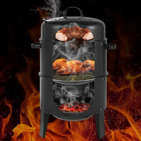 Fumoir 3 En 1 Barbecue Charbon Avec Thermomètre - Pour Fumage, Braisage, Grillade - Intérieur/Extérieur - Diamètre 40cm