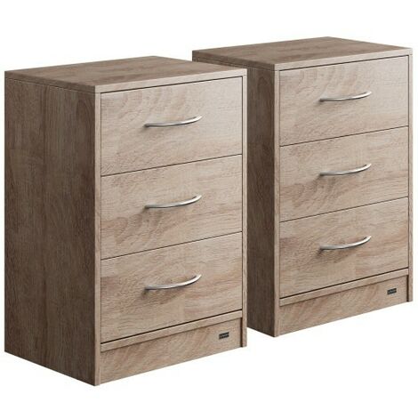 Lot de 2 Tables de chevet (de nuit) Moderne couleur chêne 54 x 39 x 28cm 3 grands tiroirs (1/5)