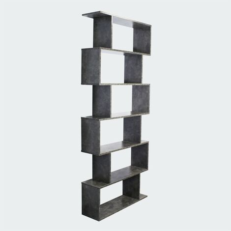 Meuble Étagère, Bibliothèque, Forme Zig Zag, 6 Cases Couleur Grise.