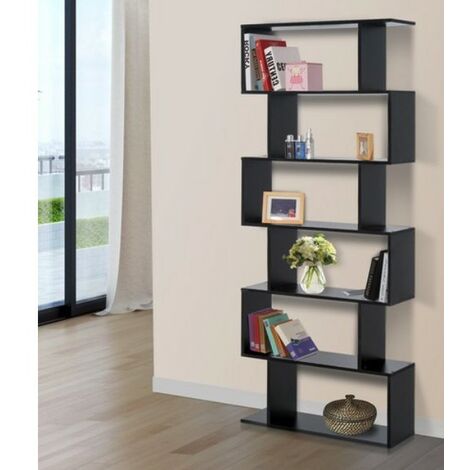Meuble Étagère, Bibliothèque, Forme Zig Zag, 6 Cases Couleur Grise.