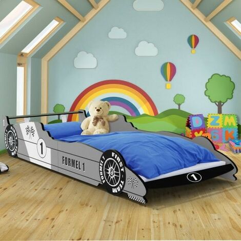 Lit pour enfants au design inspiré des voitures de Formule 1, de couleur grise. (1/5)
