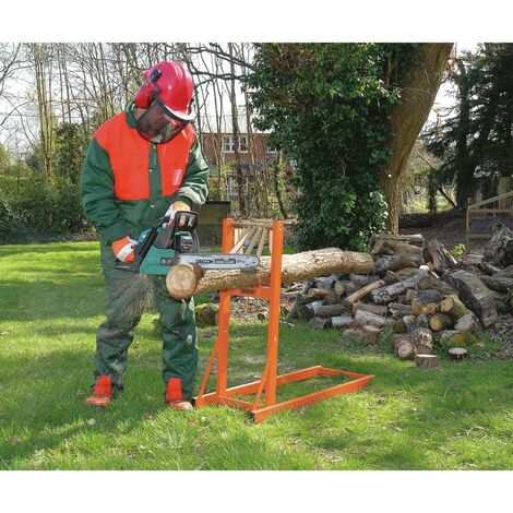 Le Poisson Qui Jardine – Chevalet de sciage professionnel pour troncs et grumes – Acier enduit de poudre – Capacité 150 kg – Dents de préhension robustes (1/4)