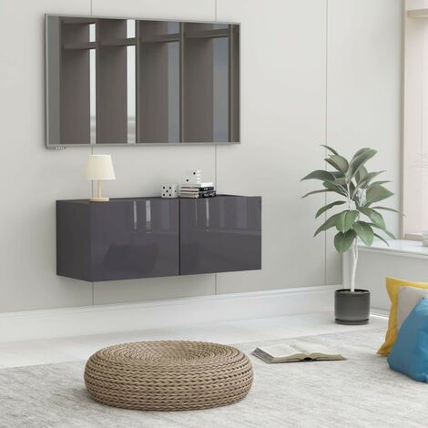 Meuble TV 2 Tiroirs : 80 X 30 X 30 Couleur Gris Brillant. A suspendre au mur (1/5)