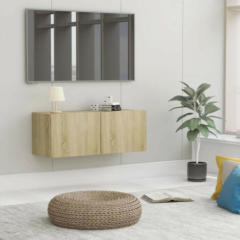 Meuble TV 2 Tiroirs : 80 X 30 X 30 Couleur Chêne. A suspendre au mur (1/5)