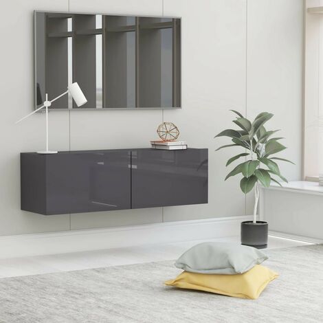 Meuble TV 2 Tiroirs : 100 X 30 X 30 Couleur Gris Brillant. A suspendre au mur (1/5)