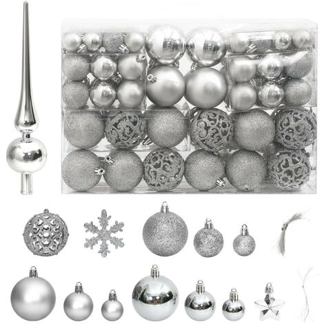 111 Boules de Noël Couleur Argent + étoiles + flèche pour sapin de Noël (1/3)