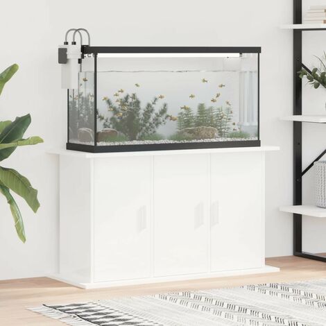 Le Poisson Qui Jardine – Meuble aquarium blanc brillant 101 x 41 x 58 cm – Support en bois traité – 3 portes – Fixation murale incluse pour stabilité