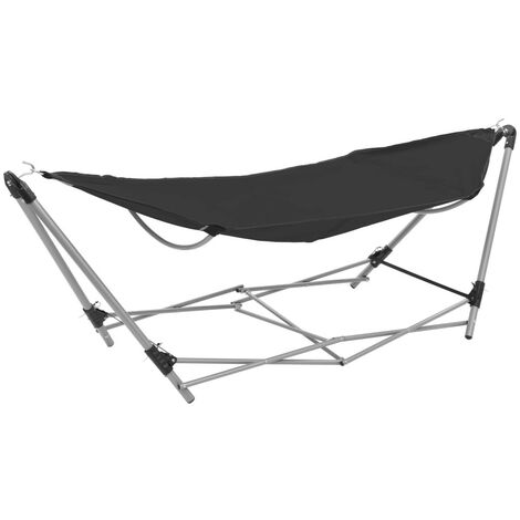 Hamac Pliable Noir 241 cm. Avec support. Pour de longues siestes au jardin ou dans la véranda (1/5)