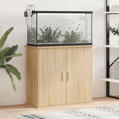 Le Poisson Qui Jardine – Meuble pour aquarium 80 x 30 cm – Bois d'ingénierie marron clair – Support stable avec fixation murale – Rangement intégré 81 x 36 x 73 cm