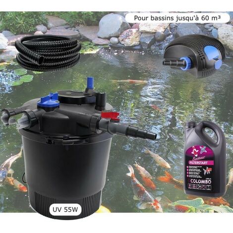 Kit Filtration Pression UV 55W, + Bactéries 2500 ml Pompe, Tuyau, Pour Bassins De 60000 L