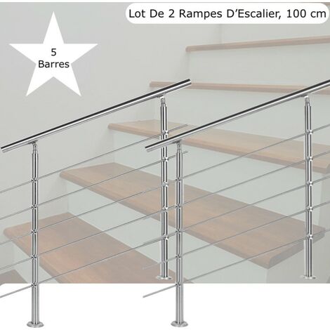 Lot, 2 Rampes D'Escalier, Sur Pied, 100 cm, Acier Inoxydable, 5 Barres (1/5)