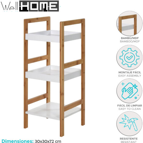 Etagère de salle de bain Well Home avec 3 étagères en MDF et pieds en bambou H.72cm