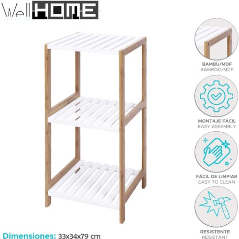 Etagère de salle de bain Well Home avec 3 étagères en MDF et pieds en bambou H.79cm