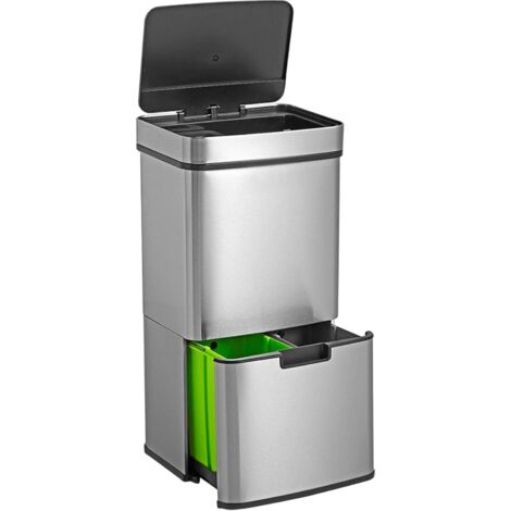 Poubelle De Recyclage Well Home 62 L à 2 Compartiments (37L+25L) - Ouverture Automatique Par Capteur, Acier Inoxydable Blanc