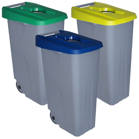 Pack De 3 Poubelles De Recyclage 110L - Couleurs Bleu, Vert, Jaune - Capacité Totale 330 Litres