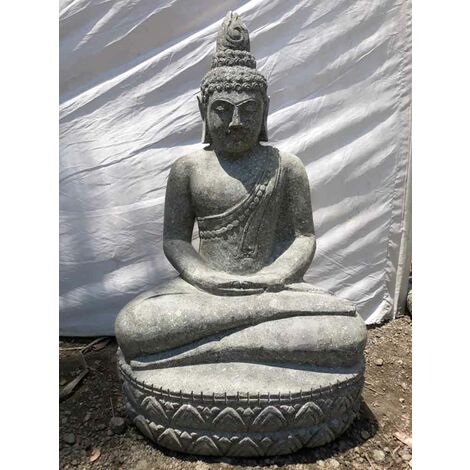 Statue Jardin Zen Bouddha Sukothai Assis En Pierre Volcanique Offrande 80 Cm