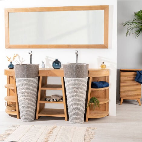 Meuble de salle de bain en teck Florence double 180cm + vasques gris - Gris
