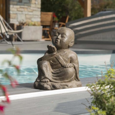 Statue de jardin moine shaolin heureux patiné brun antique 40 cm