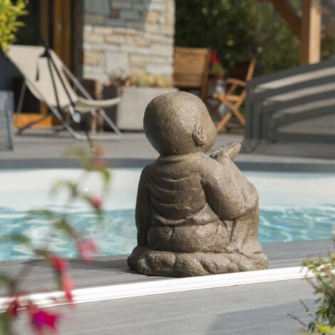 Statue de jardin moine shaolin heureux patiné brun antique 40 cm