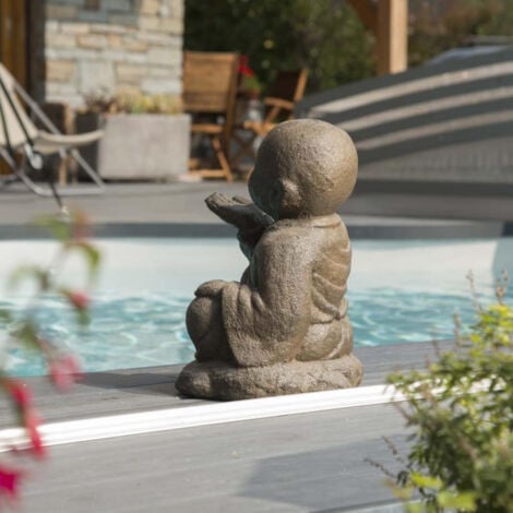 Statue de jardin moine shaolin heureux patiné brun antique 40 cm