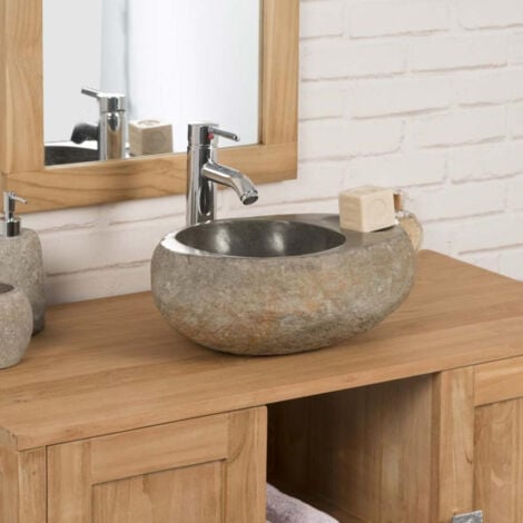 Vasque à poser en galet de riviere 35 cm porte savon