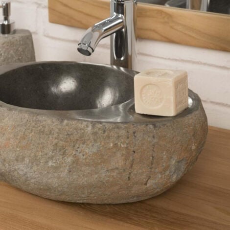 Vasque à poser en galet de riviere 35 cm porte savon