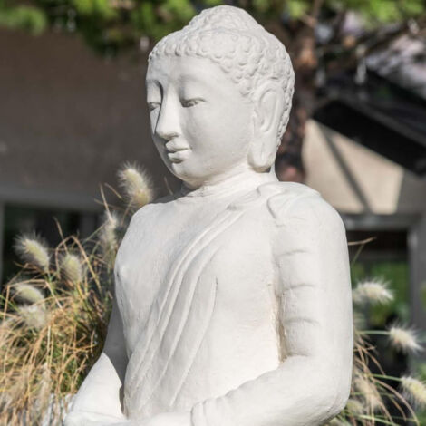Statue jardin bouddha assis fibre de verre offrande 105cm blanc