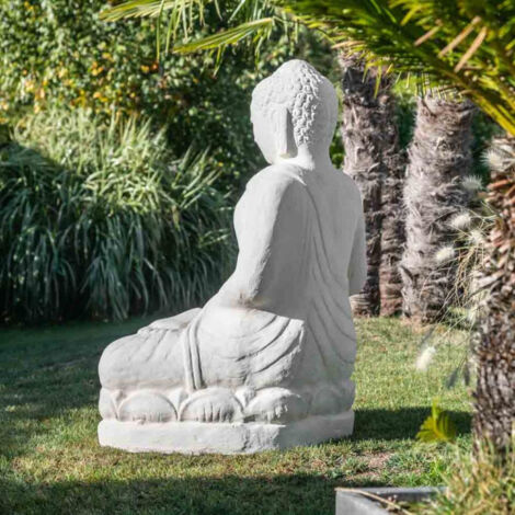 Statue jardin bouddha assis fibre de verre offrande 105cm blanc