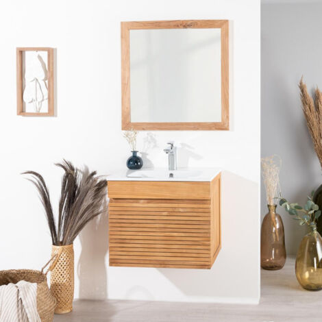 Meuble salle de bain en teck et céramique Aktual 60 cm (1/5)