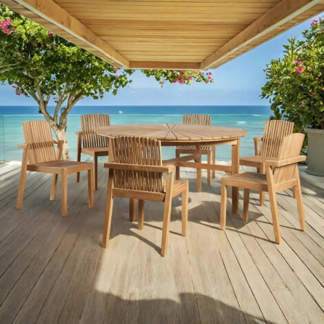 Wanda Collection – Ensemble table ronde et 6 chaises en teck – Dimensions table 150 cm – Chaises empilables – Mobilier extérieur moderne