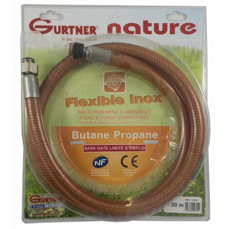 Gurtner – Manguera de acero inoxidable para gas butano y propano – 1m – Entrada rosca 20 x 150 – Salida rosca G1/2' – Presión máxima 400 mbar (1/2)